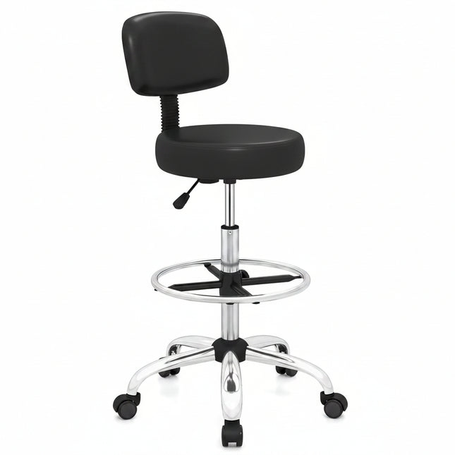 Dreamade Drafting Chair with Back, Adjustable Foot Rolling Stool with Wheels | PVC Leather Tall Office Chair w/ Thickened Cushion