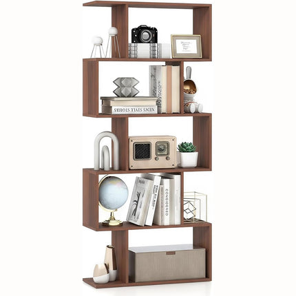 Dreamade 5-Tier Geometric Bookshelf, 62.5" Tall Wood S-Shaped Bookcase with Anti-Tipping Device