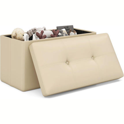 Dreamade Cube Storage Ottoman - 15 Inches Folding Ottoman Storage Chest, PVC Leather, Upholstered Footrest