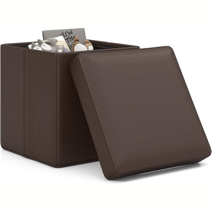 Dreamade Cube Storage Ottoman - 15 Inches Folding Ottoman Storage Chest, PVC Leather, Upholstered Footrest