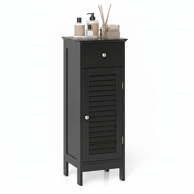 Dreamade Bathroom Floor Storage Cabinet with Door and Drawer, Black | Freestanding Side Cabinet with 3-Height Adjustable Shelf