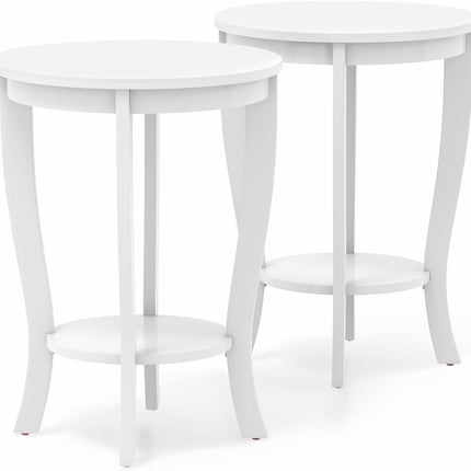 Dreamade Round End Table with Storage Shelf Set of 2, Retro Nightstand with Solid Wood Legs, 24.5" Accent Table for Small Spaces