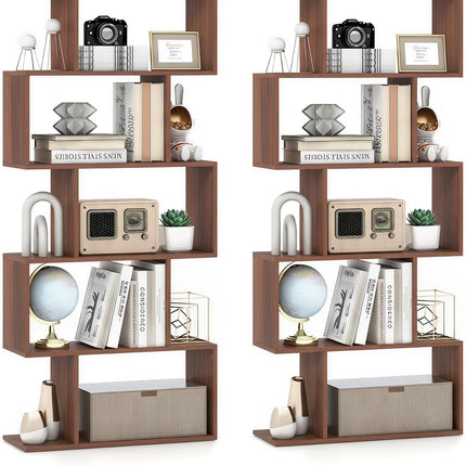 Dreamade 5-Tier Geometric Bookshelf, 62.5" Tall Wood S-Shaped Bookcase with Anti-Tipping Device