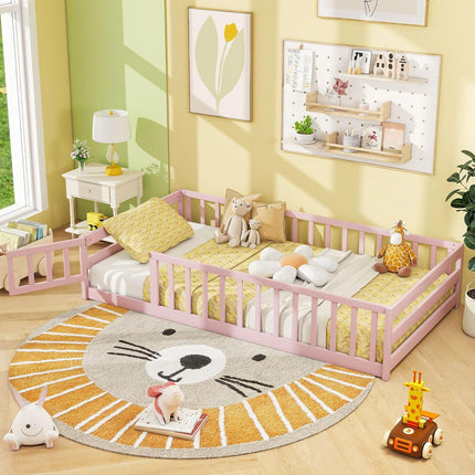 Dreamade Floor Bed with Door & Fence Kids Wood Montessori Beds with Safety Guardrails