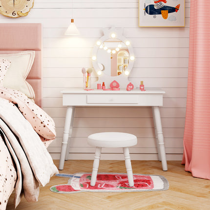 DREAMADE 2-in-1 Kids Makeup Vanity, Girls Vanity w/Lights, Stool, Mirror & Drawer