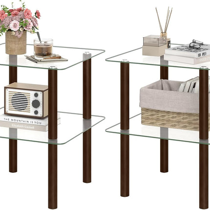 Dreamade Round/Square 2-Tier Sofa Side Table with Clear Tempered Glass Top & Shelf (1/2)