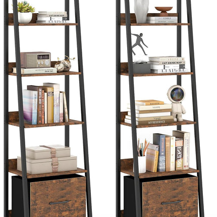 Dreamade 5-Tier Industrial Ladder Bookshelf with Removable Fabric Drawer (1/2)