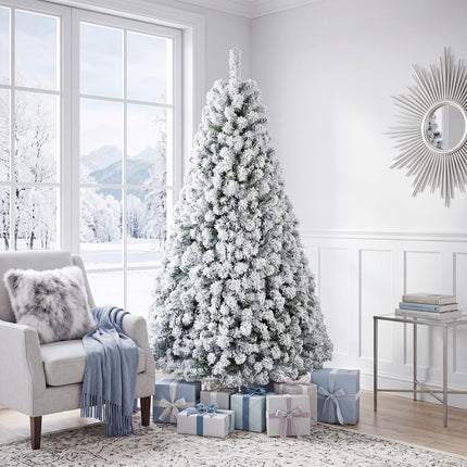 DREAMADE 7 FT Snow Flocked Christmas Tree, Pre-Lit Artificial Pine Tree