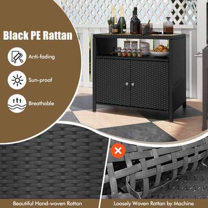 DREAMADE Outdoor Storage Cabinet, Wicker Patio Cabinet with Wood Top, Black