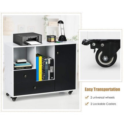 Dreamade Lateral File Cabinet 2 Drawer Printer Stand, Rolling Storage Office Cabinet with Lockable Wheels