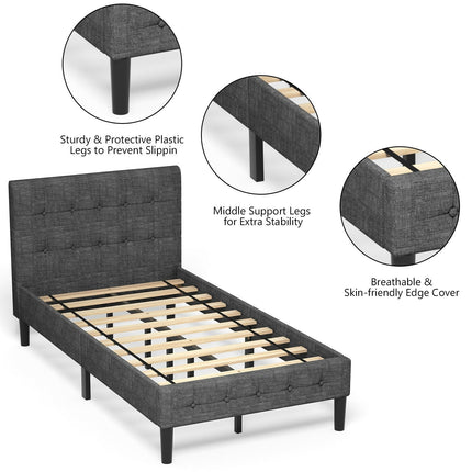 Platform Twin Bed with Button Tufted Headboard | Upholstered Bed Frame