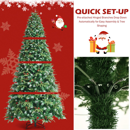 Dreamade 8FT Pre-Lit Artificial Christmas Tree, Hinged Realistic Snowy Xmas Pine Tree W/ 780 Color Changing LED Lights, 11 Flash Modes - DreamadeUS