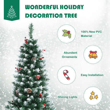 5ft Pre-lit Pencil Christmas Tree, Snow Flocked Artificial Hinged Xmas Tree - DreamadeUS