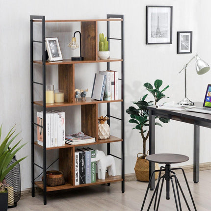 4-Tier Bookshelf, Industrial Style Bookcase with Metal Frame (Rustic Brown) - Dreamadeus