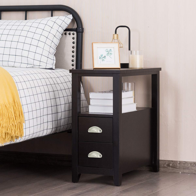 Dreamade End Table Wooden W/ 2 Drawers and Shelf Space-Saving Rectangular Bedside Table