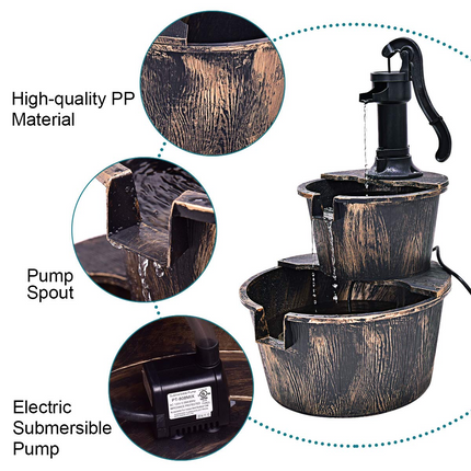 Dreamade 2-Tier Rustic Barrel Waterfall Fountain with Pump