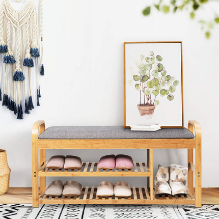 Dreamade Shoe Rack Bench, Entryway 3-Tier Bamboo Shoe Organizer with Cushion (Natural and Grey)