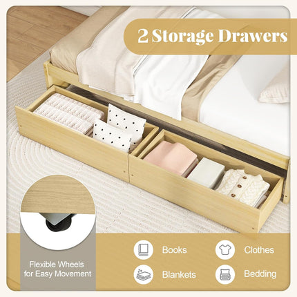 Dreamade Queen/Full/Twin Size Bed Frame with 2 Storage Drawers, Solid Wood Platform Bed with Slats Support