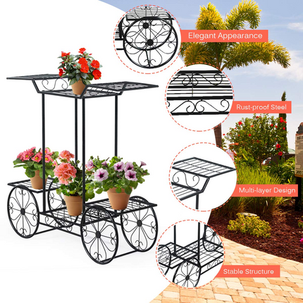 Dreamade Garden Cart Metal Plant Stand with 4 Decorative Wheels