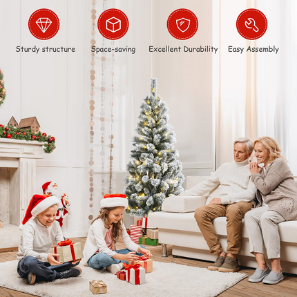 Dreamade 5ft Pre-lit Snow Flocked Christmas Tree, Premium Hinged Artificial Pine Tree w/ 9 Lighting Modes & 140 Color Changing LED Lights - DreamadeUS