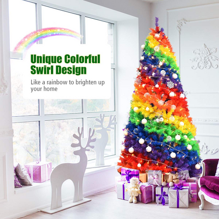 Dreamade 7FT Colorful Rainbow Full Fir Christmas Tree, Artificial Hinged Christmas Tree w/Solid Metal Stand - DreamadeUS