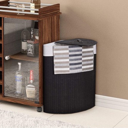 Dreamade Corner Laundry Hamper with Lid, Bamboo Laundry Basket with Removable Liner and Handle