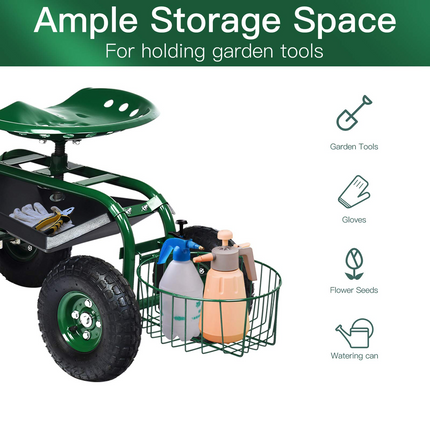 4-Wheel Garden Workseat with Storage Basket - Dreamade