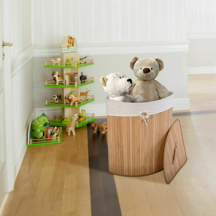 Dreamade Corner Laundry Hamper with Lid, Bamboo Laundry Basket with Removable Liner and Handle