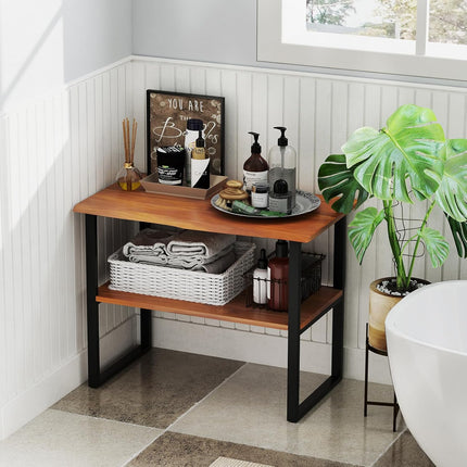 Dreamade Bathroom Storage Shelf with Waterproof Finish, 2-Tier Teak Wood Bookshelf