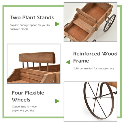 Dreamade Decorative Garden Planter, Small Wagon Cart with Metal Wheels, Wood Raised Beds Plant Pot Stand for Backyard Garden Patio 24.5"x13.5"x24"