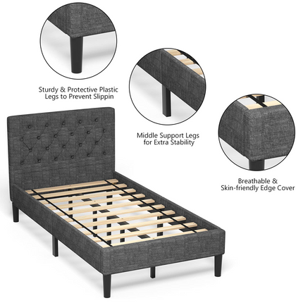 Elegant & Modern Style Twin Size Upholstered Stable Bed Base with Button Stitched Headboard
