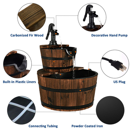 Dreamade 2-Tier Barrel Waterfall Fountain with Hand Pump