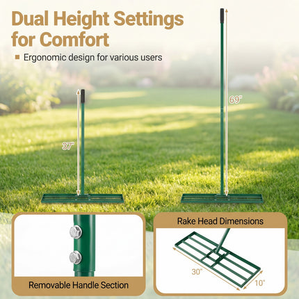 DREAMADE Lawn Leveling Rake, 30"/36"/42" x 10" Professional Grade Soil Distribution Rake w/67 Ergonomic Handle