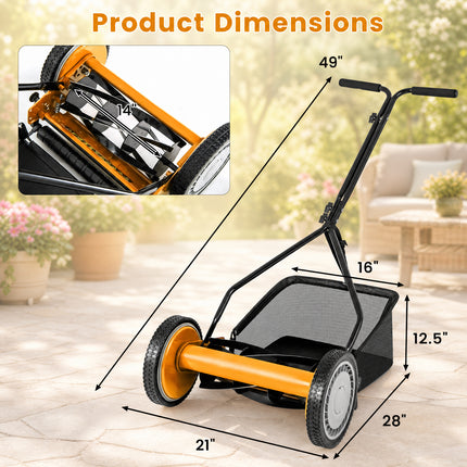 DREAMADE Manual Reel Mower, 14" Push Reel Lawn Mower, Green