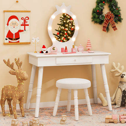 DREAMADE 2-in-1 Kids Makeup Vanity, Girls Vanity w/Lights, Stool, Mirror & Drawer
