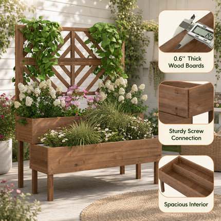 DREAMADE Raised Garden Bed with Trellis, 2-Tier Wooden Planter Box, Brown
