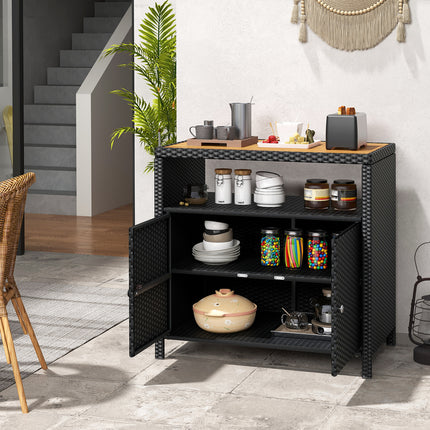 DREAMADE Outdoor Storage Cabinet, Wicker Patio Cabinet with Wood Top, Black