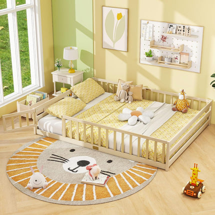 Dreamade Floor Bed with Door & Fence Kids Wood Montessori Beds with Safety Guardrails