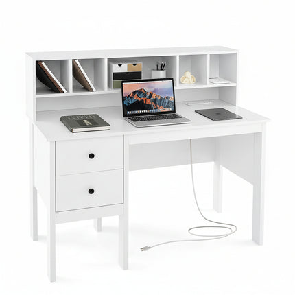 Dreamade White Desk with Drawers and Power Outlet, 48" Home Office Computer Desk with 5-Cubby Hutch