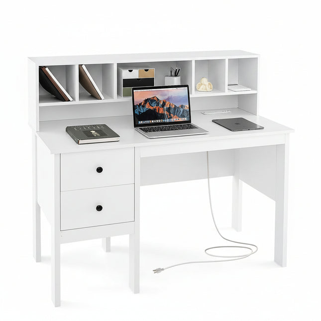 Dreamade White Desk with Drawers and Power Outlet, 48" Home Office Computer Desk with 5-Cubby Hutch