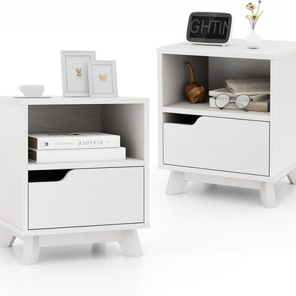Dreamade 2 Tier Nightstand, Mid Century Modern Bedside Table with Storage Drawer & Open Shelf
