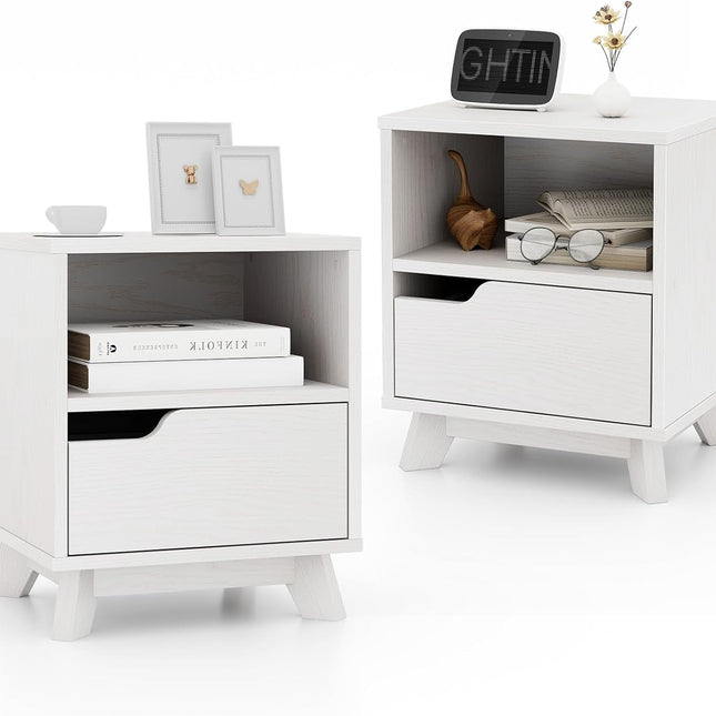Dreamade 2 Tier Nightstand, Mid Century Modern Bedside Table with Storage Drawer & Open Shelf