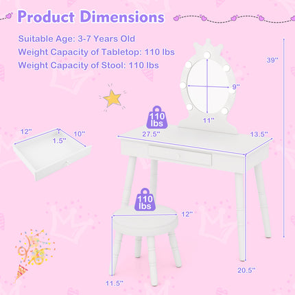 DREAMADE 2-in-1 Kids Makeup Vanity, Girls Vanity w/Lights, Stool, Mirror & Drawer