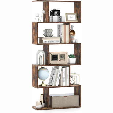 Dreamade 5-Tier Geometric Bookshelf, 62.5" Tall Wood S-Shaped Bookcase with Anti-Tipping Device
