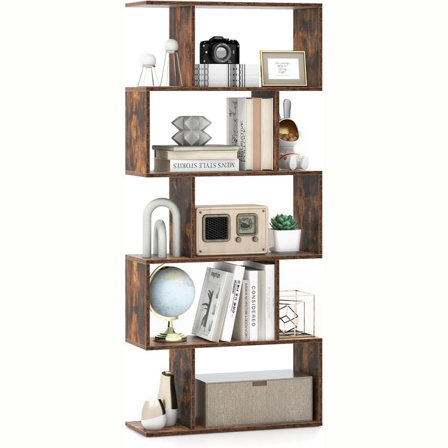 Dreamade 5-Tier Geometric Bookshelf, 62.5" Tall Wood S-Shaped Bookcase with Anti-Tipping Device