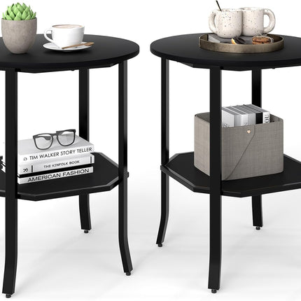 Dreamade 2-Tier Round Small Sofa Couch End Table with Storage Shelf & Steel Frame