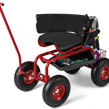 Dreamade Garden Cart, Rolling Workseat with 4 Wheels, Tool Tray, Removable Cushion, Storage Basket