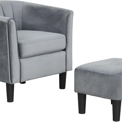 Dreamade Modern Accent Chair with Ottoman, Upholstered Teddy Velvet Barrel Club Chair w/Footrest