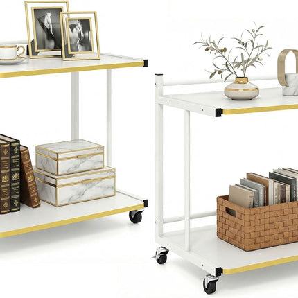 Dreamade Mobile C-Shaped End Table - 2-Tier Sofa Couch Bed Side Table w/Open Storage Shelves & Golden Edge Banding