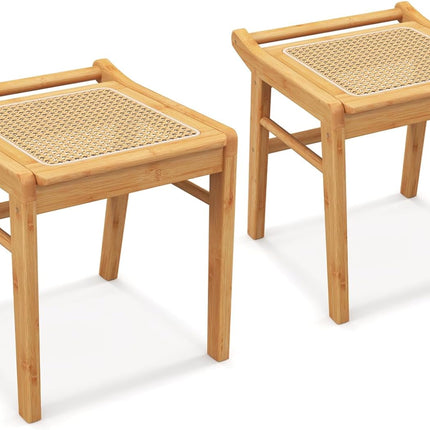 CHARMAID Vanity Stool, Bamboo Ottoman Foot Rest with Rattan Seat, Anti-Slip Foot Pads